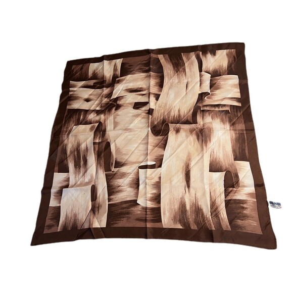 Vintage Square Brown Scarf Hand Printed Rolled Edge Made In Japan Brush Strokes - Picture 1 of 8